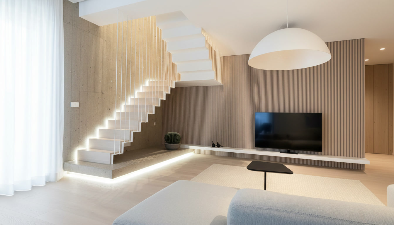 Cantilever staircase - custom-made wooden treads for floating architecture